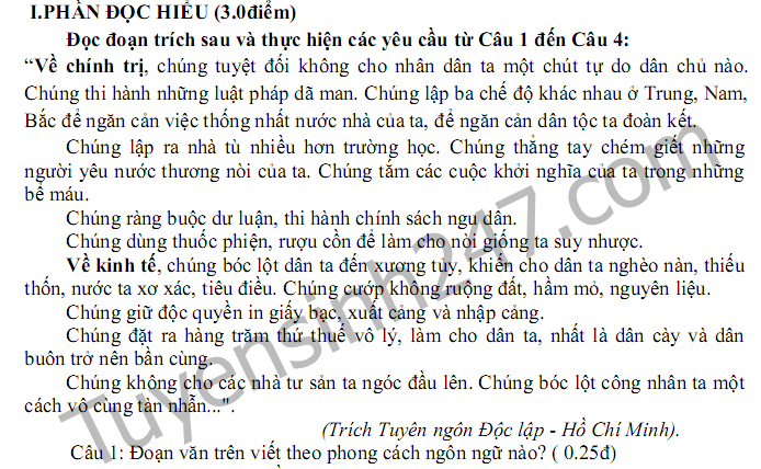 Đề thi giữa học kì 1 năm 2017 môn Văn lớp 12