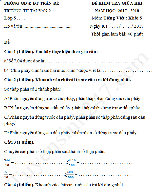 Đề thi giữa kì 1 lớp 5 môn Toán trường TH Tài Văn 2 năm 2017