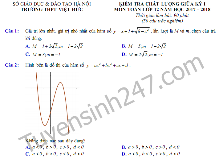 Đề thi giữa học kì 1 lớp 12 môn Toán - THPT Việt Đức năm 2017 - 2018