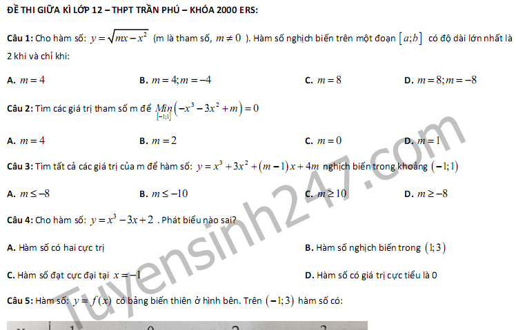 Đề thi giữa kì 1 môn Toán lớp 12 THPT Trần Phú 2017 - 2018