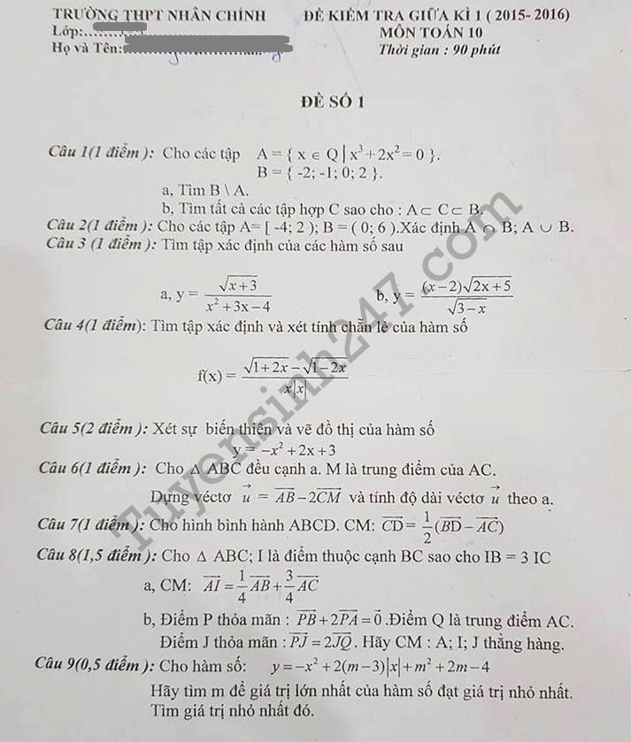 Đề thi giữa kì 1 môn Toán lớp 10 THPT Nhân Chính