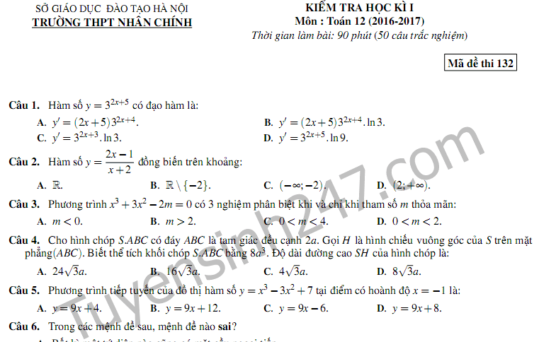 Đề thi giữa học kì 1 môn Toán lớp 12 trường THPT Nhân Chính 2017