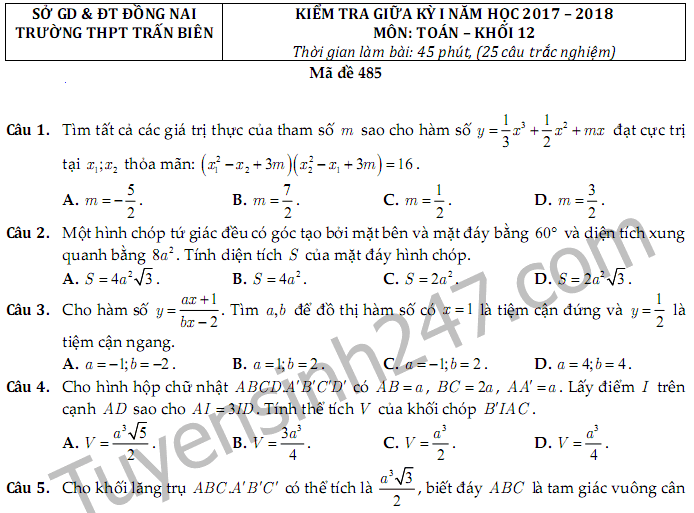 Đề thi giữa kì 1 lớp 12 môn Toán - THPT Trấn Biên năm 2017