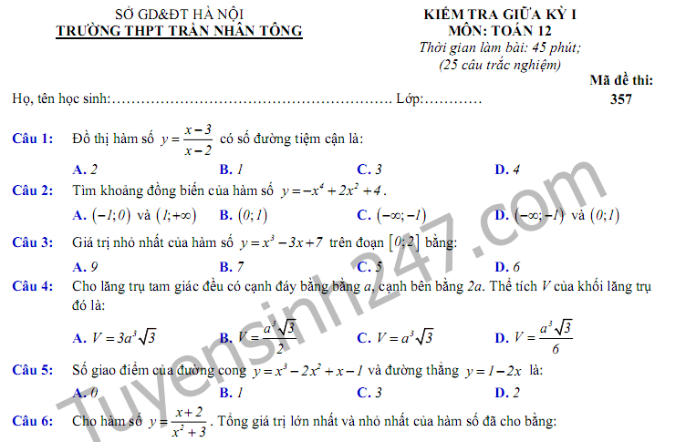 Đề thi giữa kì 1 lớp 12 môn Toán 2017 Trần Nhân Tông - Có đáp án