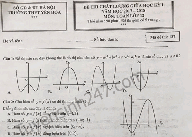 Đề thi giữa kì 1 môn Toán lớp 12 trường THPT Yên Hòa 2017-2018