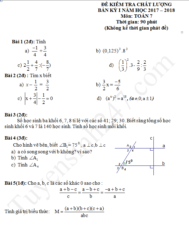 Đề thi giữa kì 1 lớp 7 môn Toán 2017 - THCS Nguyễn Du