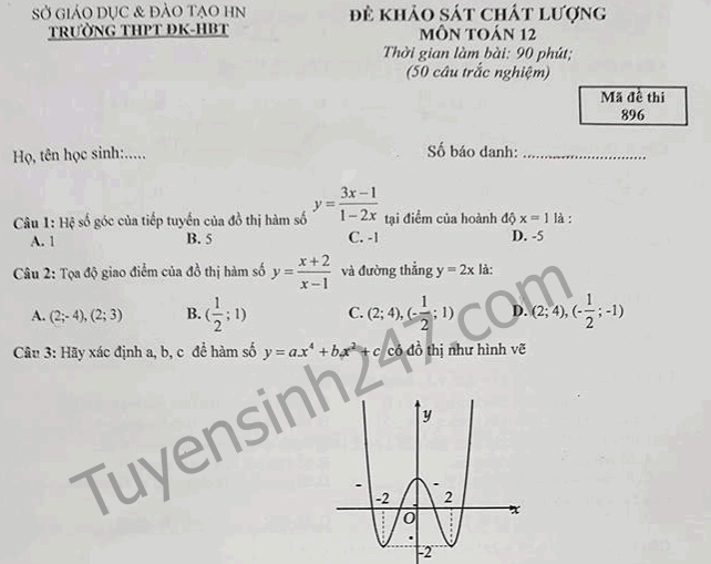 Đề thi giữa kì 1 lớp 12 môn Toán - THPT Đoàn Kết năm 2017 - 2018