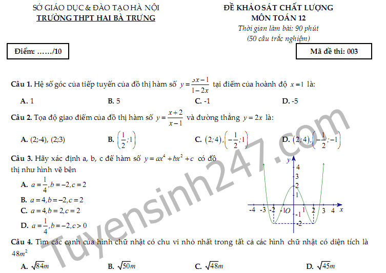 Đề thi giữa học kì 1 lớp 12 môn Toán THPT Hai Bà Trưng 2017 - 2018