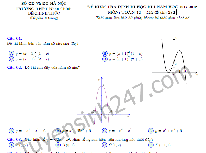 Đề thi giữa kì 1 môn Toán lớp 12 - THPT Nhân Chính năm 2017-2018