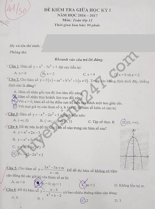 Đề thi giữa kì 1 môn Toán lớp 12 trường THPT Lê Quý Đôn 2017