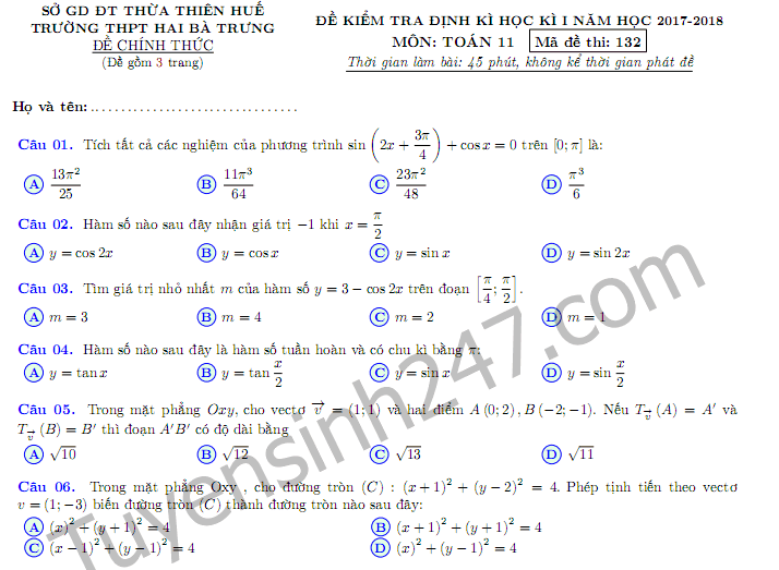 Đề kiểm tra 8 tuần kì 1 môn Toán lớp 11 - Hai Bà Trưng 2017-2018
