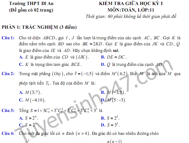 Đề thi giữa kì 1 môn Toán lớp 11 - THPT Dĩ An năm 2017