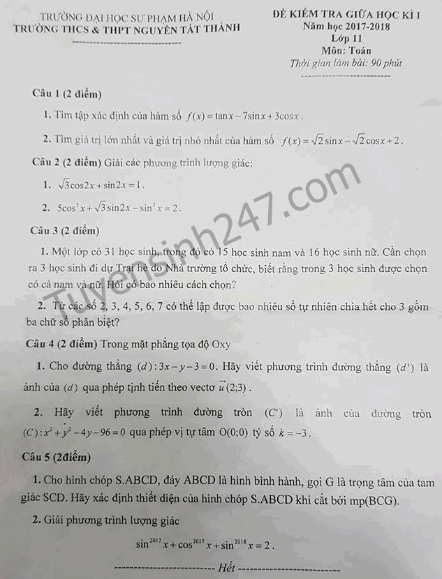 Đề thi giữa kì 1 môn Toán lớp 11 trường Nguyễn Tất Thành 2017 