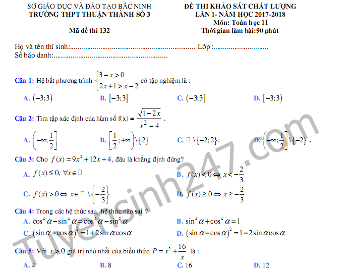 Đề kiểm tra giữa kì 1 môn Toán lớp 11 năm 2017 - THPT Thuận Thành 3