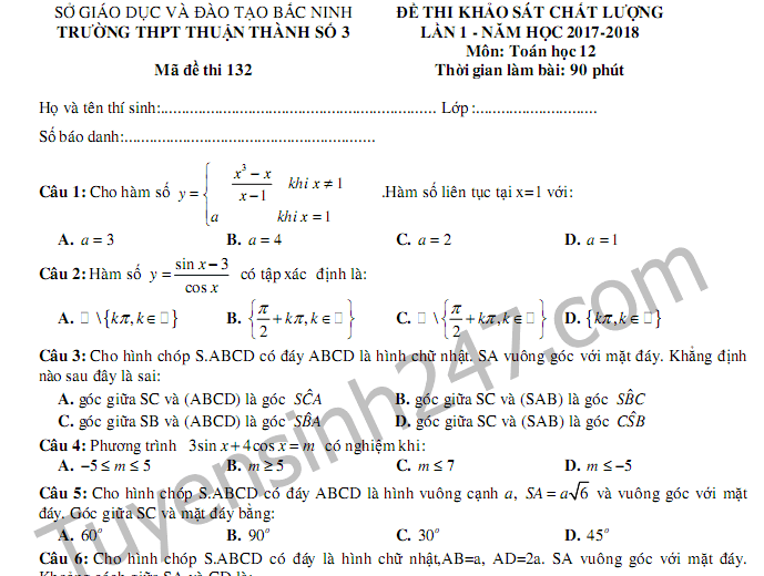 Đề thi giữa kì 1 lớp 12 môn Toán THPT Thuận Thành 3 - Có Đáp án