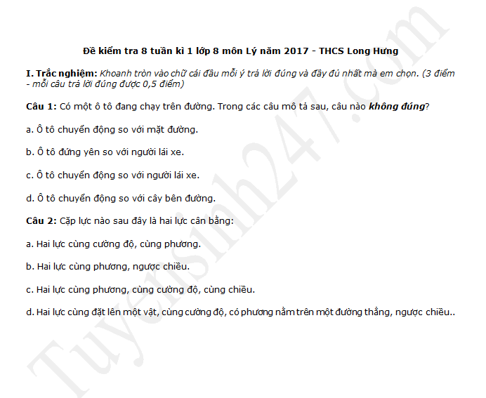 Đề kiểm tra giữa kì 1 lớp 8 môn Lý - THCS Long Hưng năm 2017