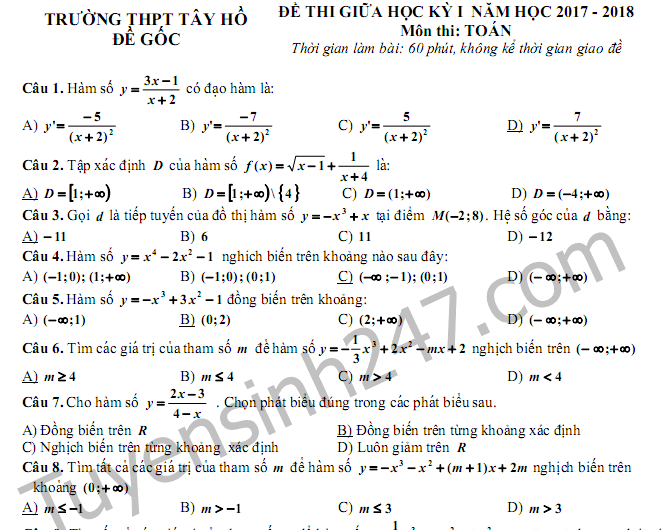 Đề thi giữa học kì 1 môn Toán lớp 12 - THPT Tây Hồ 2017