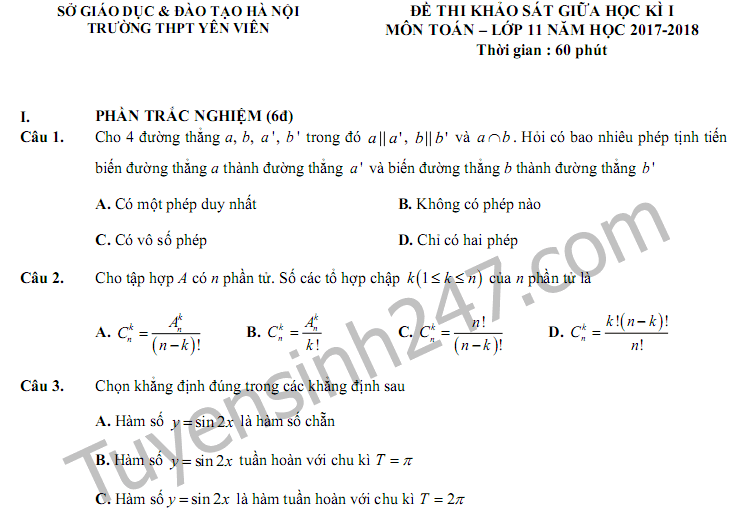 Đề kiểm tra giữa kì 1 môn Toán lớp 11 - THPT Yên Viên 2017