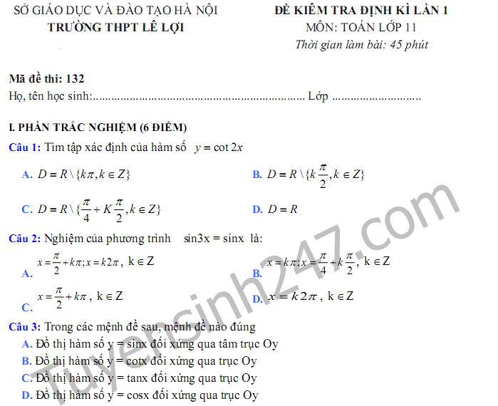 Đề kiểm tra giữa kì 1 môn Toán lớp 11 THPT Lê Lợi năm 2017