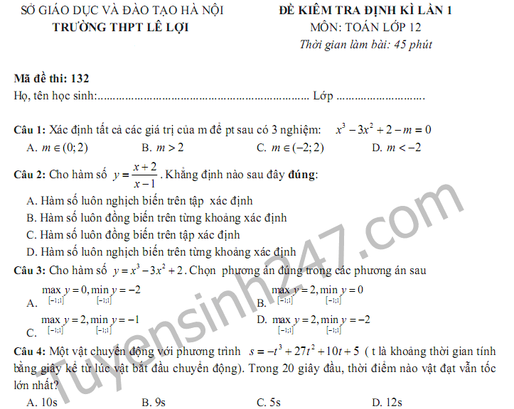 Đề thi 8 tuần học kì 1 môn Toán lớp 12 - THPT Lê Lợi 2017