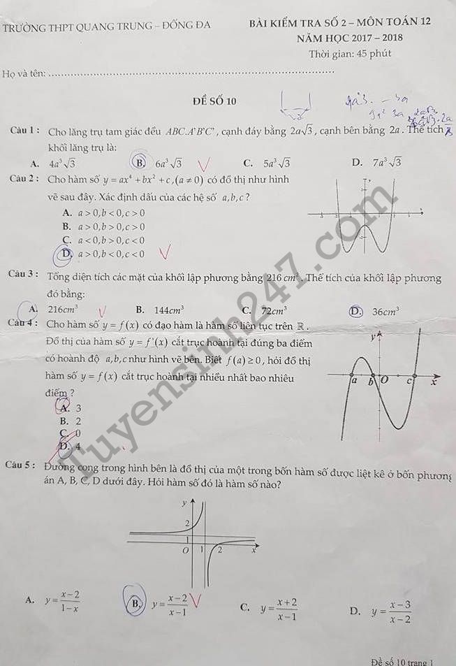 Đề kiểm tra giữa kì 1 môn Toán lớp 12 - THPT Quang Trung 2017