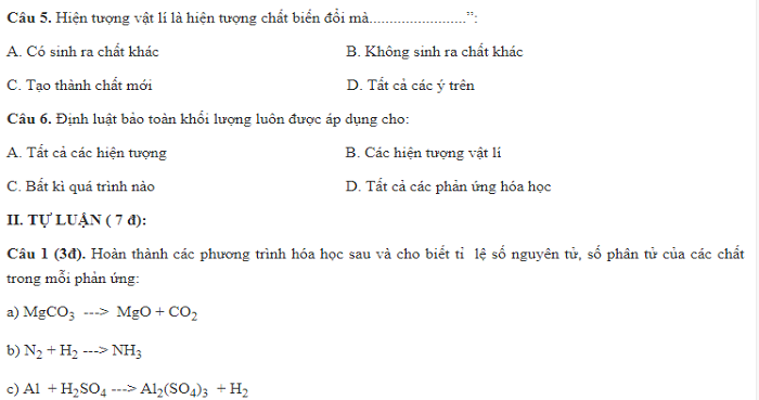Đề kiểm tra 15 phút chương II: Phản ứng hóa học (3 đề - lời giải chi tiết)