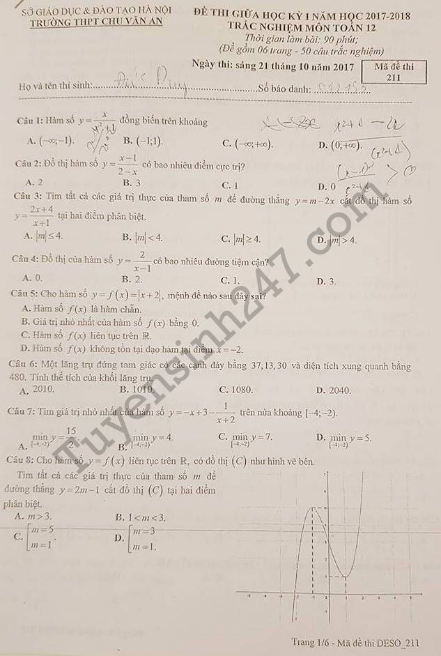 Đề thi giữa kì 1 môn Toán lớp 12 - THPT Chu Văn An 2017