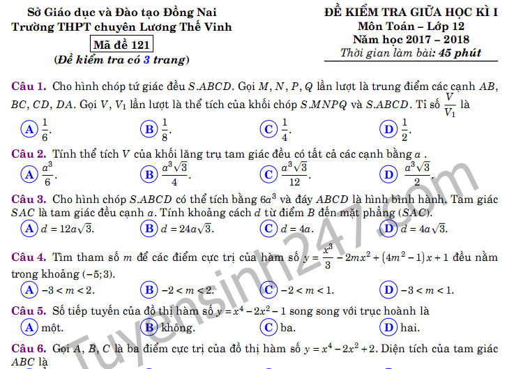 Đề kiểm tra giữa kì 1 lớp 12 môn Toán - THPT Lương Thế Vinh 2017