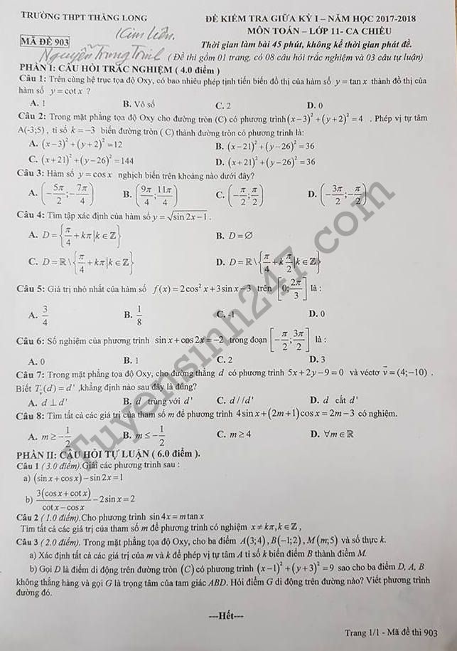 Đề kiểm tra giữa kì 1 môn Toán lớp 11 - THPT Thăng Long 2017