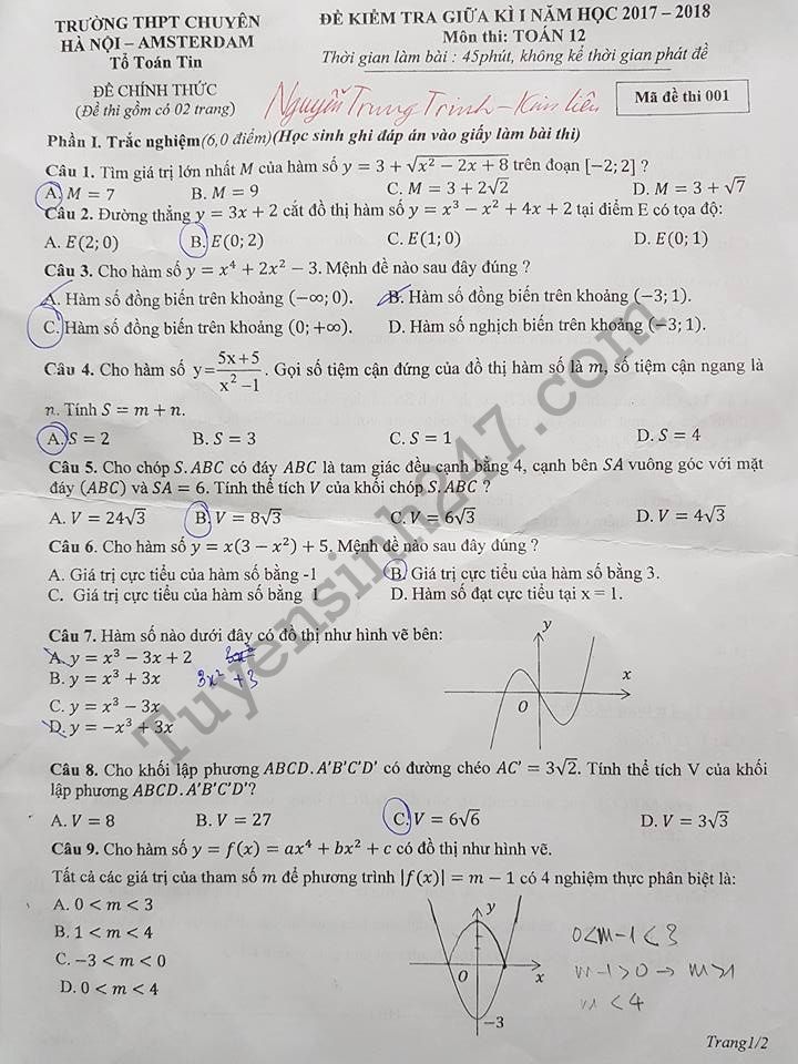 Đề thi giữa kì 1 lớp 12 môn Toán THPT Chuyên Hà Nội - Amsterdam 2017