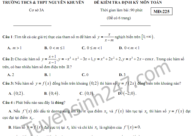 Đề thi giữa kì 1 môn Toán lớp 12 - THPT Nguyễn Khuyến năm 2017