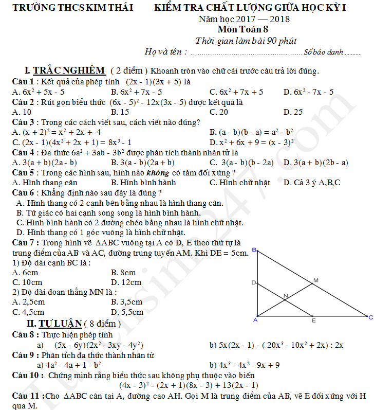 Đề thi 8 tuần học kì 1 lớp 8 môn Toán 2017 - THCS Kim Thái