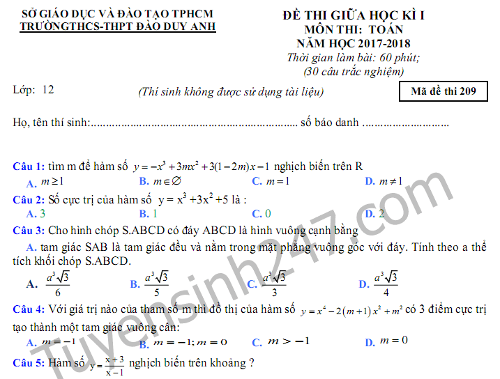 Đề thi giữa kì 1 môn Toán lớp 12 - THPT Đào Duy Anh 2017