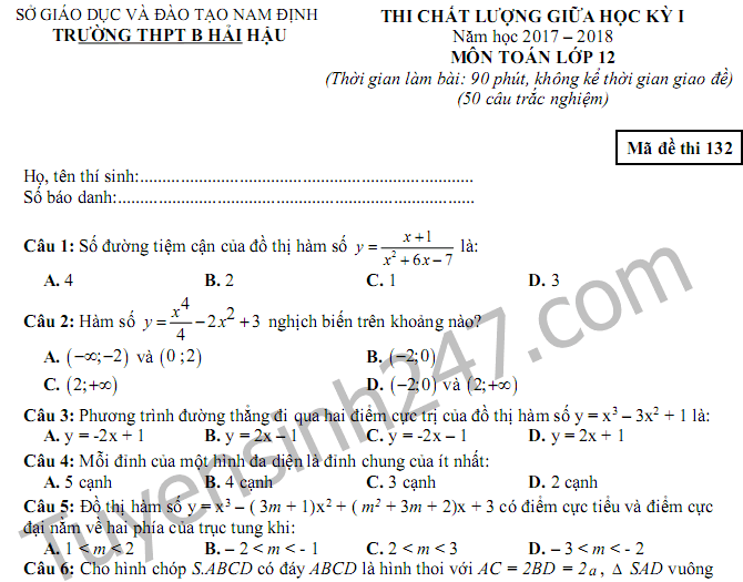 Đề thi giữa học kì 1 năm 2017 môn Toán lớp 12 - THPT Hải Hậu B