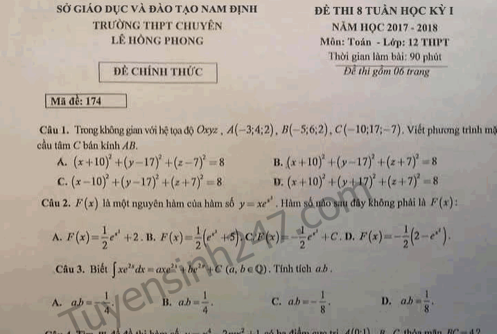 Đề thi giữa kì 1 môn Toán lớp 12 - Chuyên Lê Hồng Phong năm 2017