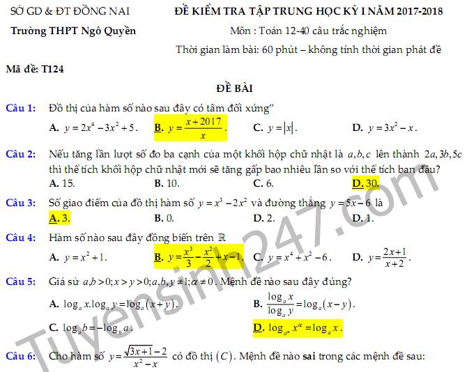 Đề thi giữa kì 1 môn Toán lớp 12 trường THPT Ngô Quyền 2017