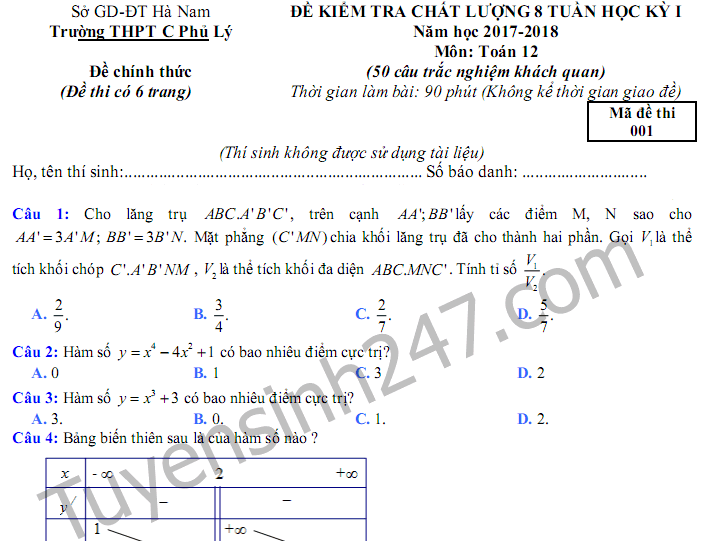 Đề thi 8 tuần học kì 1 lớp 12 môn Toán - THPT C Phủ Lý năm 2017