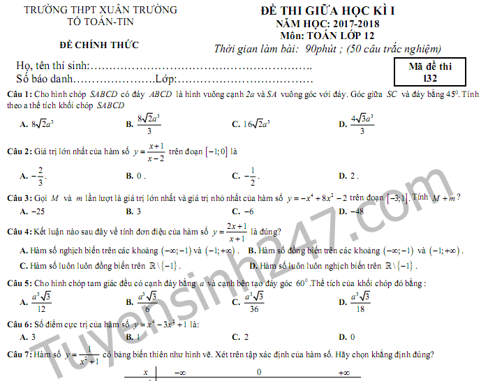 Đề thi giữa kì 1 lớp 12 môn Toán - THPT Xuân Trường 2017 - 2018