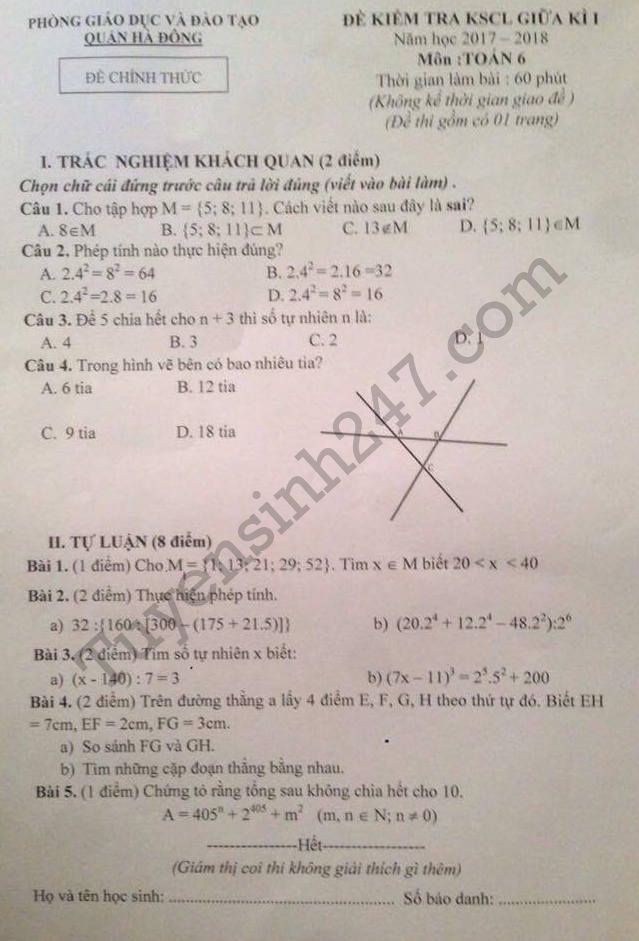 Đề thi 8 tuần học kì 1 môn Toán lớp 6 - Hà Đông 2017