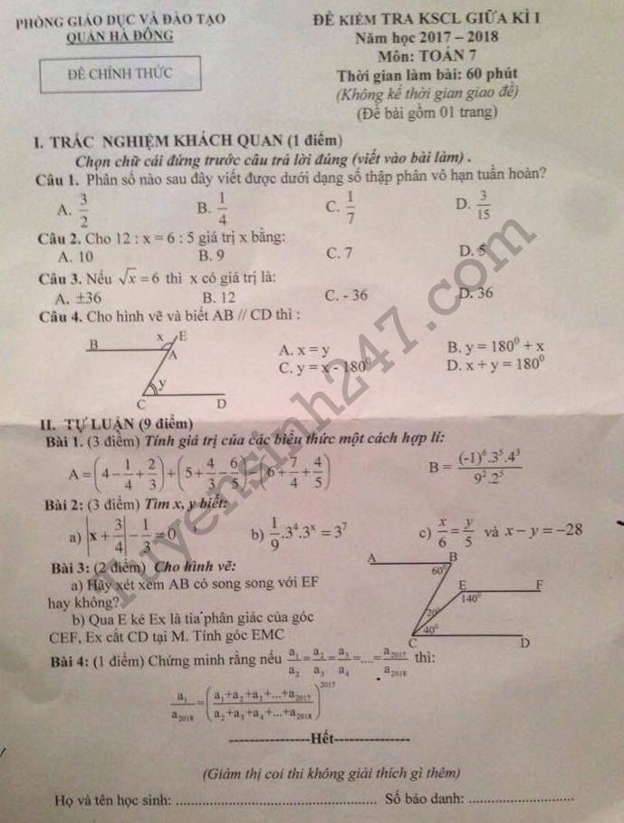 Đề thi giữa kì 1 lớp 7 môn Toán - Hà Đông năm 2017 - 2018