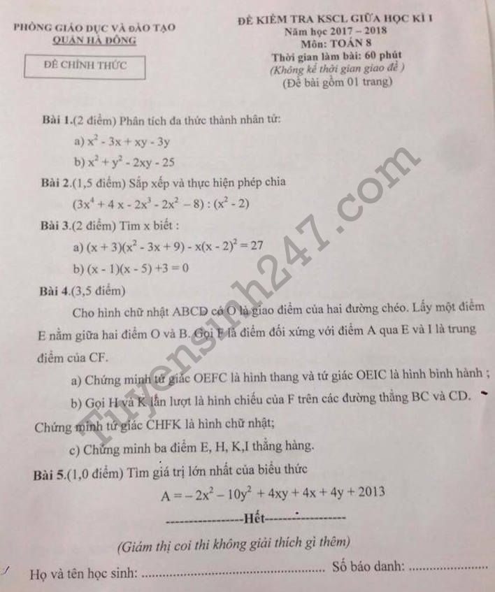 Đề thi giữa kì 1 môn Toán lớp 8 - Hà Đông năm học 2017 - 2018