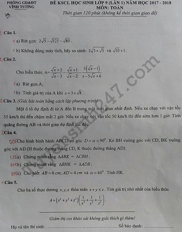Đề kiểm tra giữa kì 1 lớp 9 môn Toán - Vĩnh Tường năm 2017