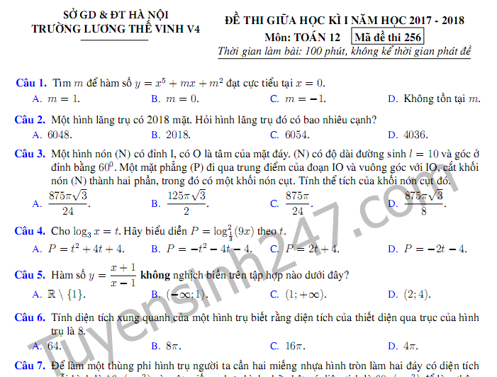 Đề thi 8 tuần kì 1 lớp 12 môn Toán - THPT Lương Thế Vinh, Hà Nội 2017