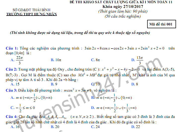 Đề kiểm tra giữa kì 1 môn Toán lớp 11 - THPT Hưng Nhân năm 2017