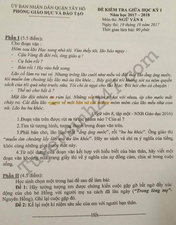 Đề kiểm tra giữa kì 1 lớp 8 môn Văn - quận Tây Hồ năm 2017 - 2018