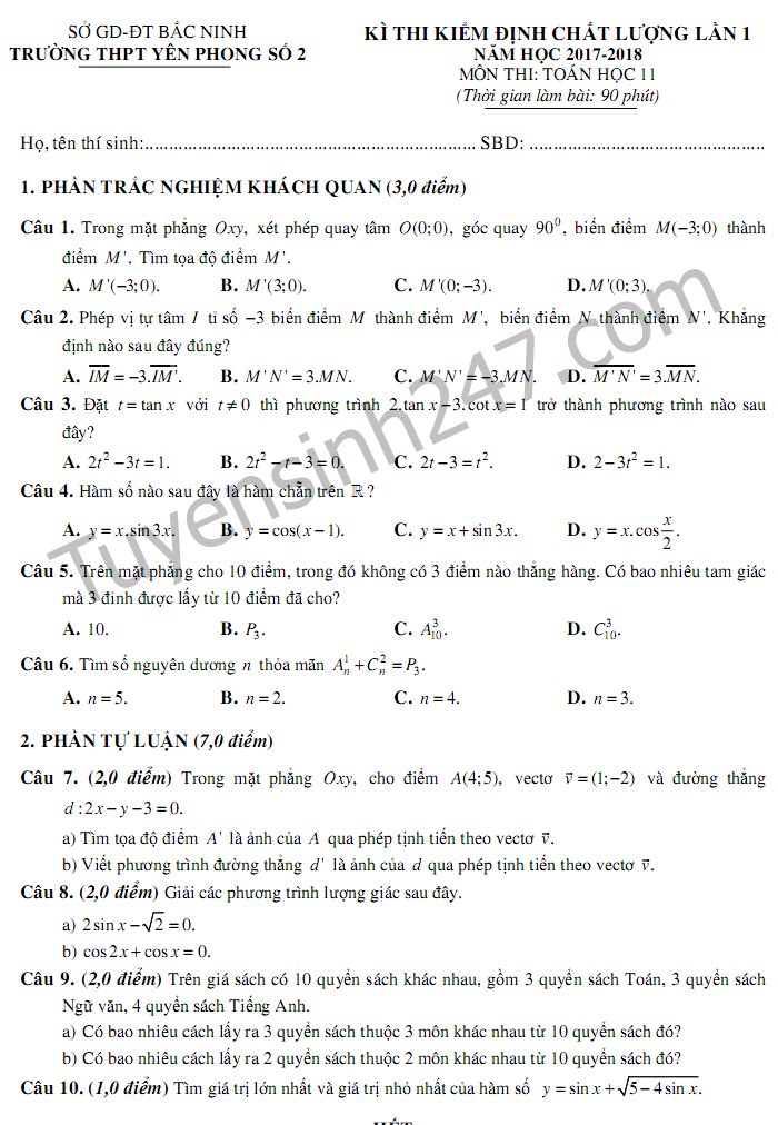 Đề thi giữa kì 1 môn Toán lớp 11 - THPT Yên Phong số 2 năm 2017