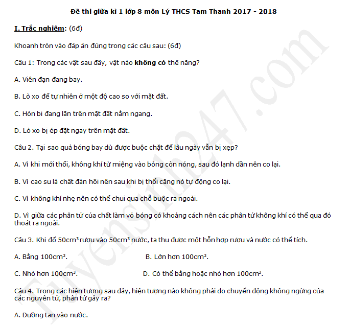 Đề thi giữa kì 1 môn Lý lớp 8 - THCS Tam Thanh năm học 2017 - 2018