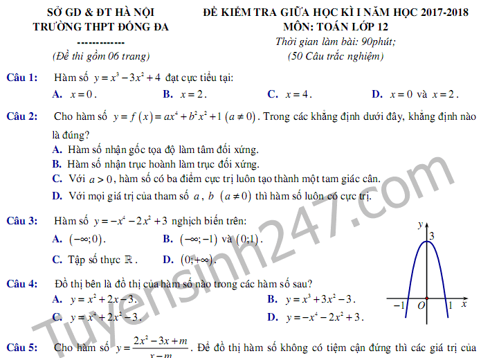 Đề thi 8 tuần học kì 1 lớp 12 môn Toán 2017 - THPT Đống Đa