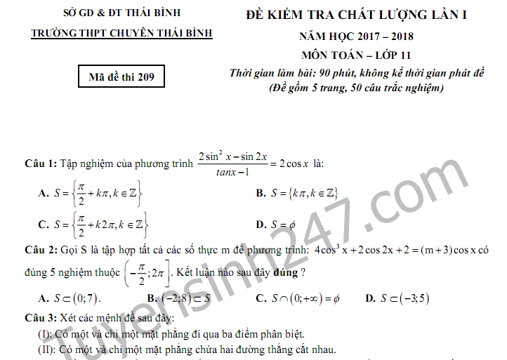 Đề thi 8 tuần kì 1 lớp 11 môn Toán 2017 - THPT Chuyên Thái Bình