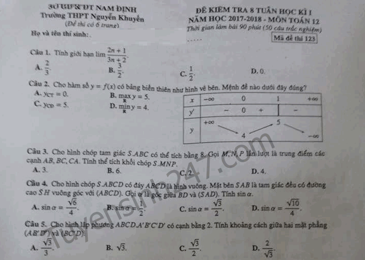 Đề kiểm tra giữa kì 1 lớp 12 môn Toán trường THPT Nguyễn Khuyến 2017